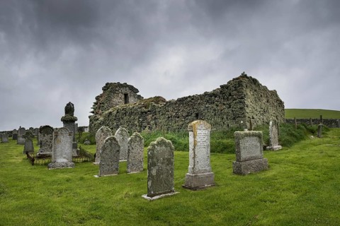 The derelict church and graveyard of St Olaf's Kirk