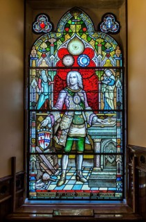 Leaded glass in the Town Hall showing Charles Sholto