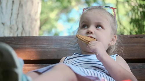 Little girl eats gingerbread. Close-up portrait of blonde girl sitting on park bench and eating cookies. Odessa Ukraine