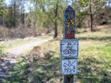 Wooden posts with trail markings and symbols for the Hagenstein Route