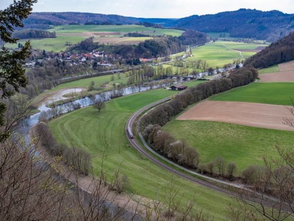 View from Hagenstein in the Kellerwald-Edersee National Park of the Eder and the village of Schmittlotheim