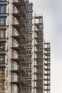 Steel fire escape stairs on modern office buildings