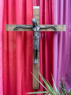 Crucifix in the entrance area of Germany's first private ecumenical motorway church Geiselwind 'Light on our way' on the A 3 between Wuerzburg and Nuremberg