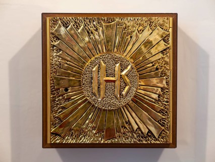 Tabernacle with Christ monogram IHS in Germany's first private ecumenical motorway church Geiselwind 'Light on our way' on the A 3 between Wuerzburg and Nuremberg