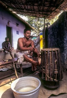 Making of Jendai or leather music instrument in Peruvemba