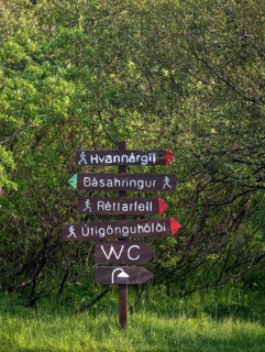 Signposts at Basar campsite in the Icelandic Highlands