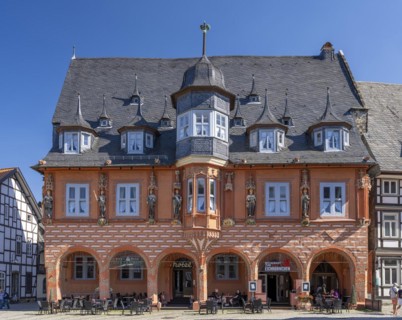 Historical guildhall Kaiserworth from1484 with wooden emperor figures