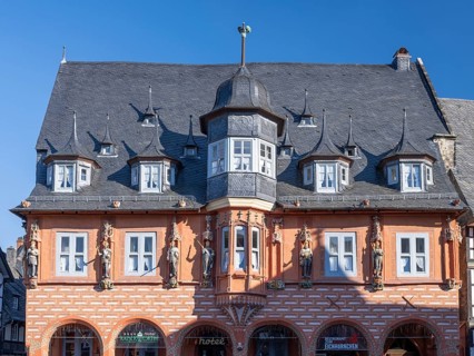 Historical guildhall Kaiserworth from1484 with wooden emperor figures