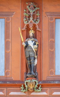 Historical guildhall Kaiserworth from1484 with wooden emperor figures