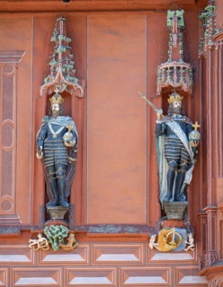 Historical guildhall Kaiserworth from1484 with wooden emperor figures
