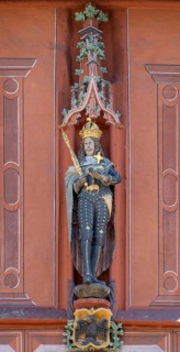 Historical guildhall Kaiserworth from1484 with wooden emperor figures
