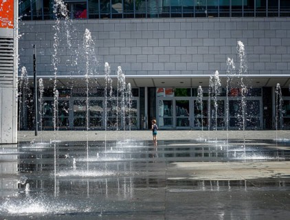 Water fountains on the forecourt of the Mercedes Benz Arena