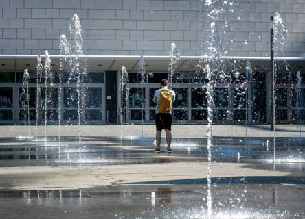 Water fountains on the forecourt of the Mercedes Benz Arena