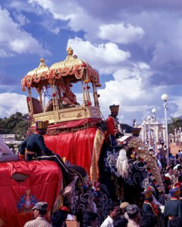 Goddess Chamundeshwari placed in 750 kilograms of golden mantapa on the top of a decorated elephant in Dussera or Dasara procession during Navarathri festival in Mysuru or Mysore