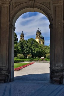 Courtyard garden with view of Theatine Church in summer