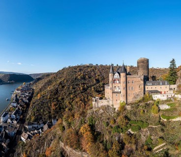 Aerial view of Katz Castle with a view of the Rhine and St. Goar