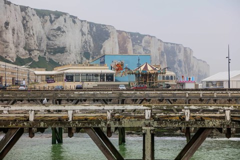 Coastal village of Le Treport at the mouth of the Bresle on the English Channel with Europe's highest chalk cliff and casino