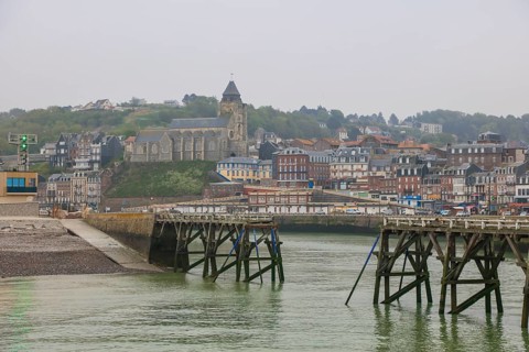 Coastal village of Le Treport at the mouth of the Bresle on the English Channel with Saint-Jacques church