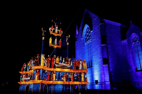 Christmas light projections on the Calvary of Plougastel-Daoulas next to the church of Saint Pierre