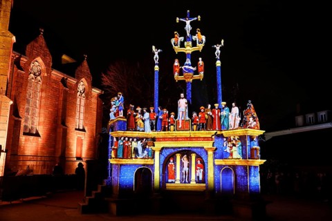 Christmas light projections on the Calvary of Plougastel-Daoulas next to the church of Saint Pierre