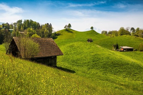Panorama with huts and hills