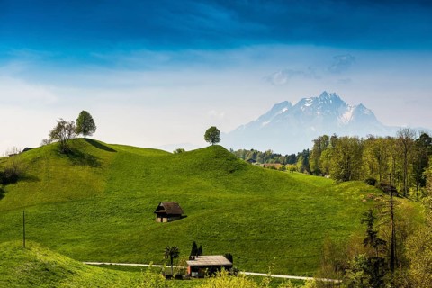 Panorama with huts and hills