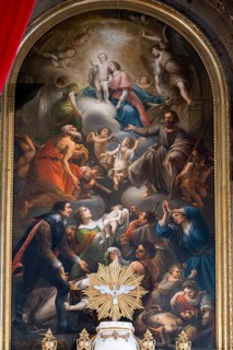 Altarpiece in the high altar of the collegiate parish church of St. Philip and St. James in Altoetting. The classicist altarpiece from 1791 is by Johann Jakob Dorner the Elder and shows Mary as the he...