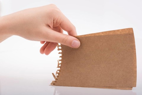 Hand holding a sheet of paper on a white background