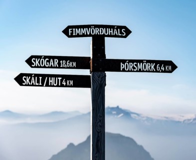 Sign with inscription Skogar and Porsmoerk at the hiking trail Fimmvoerouhals