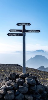 Sign with inscription Skogar and Porsmoerk at the hiking trail Fimmvoerouhals