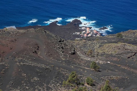 View of the coastal landscape from the volcano San Antonio near Los Canarios at Cap Fuencaliente
