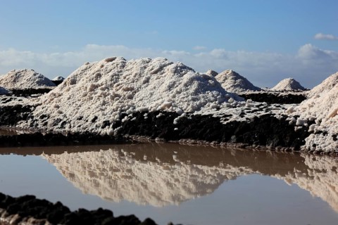 Crystal pools and salt mountains of the salt works in Fuencaliente at the Punta de Fuencaliente