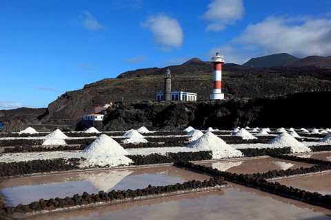 Crystal pools and salt mountains of the salt works in Fuencaliente at the Punta de Fuencaliente