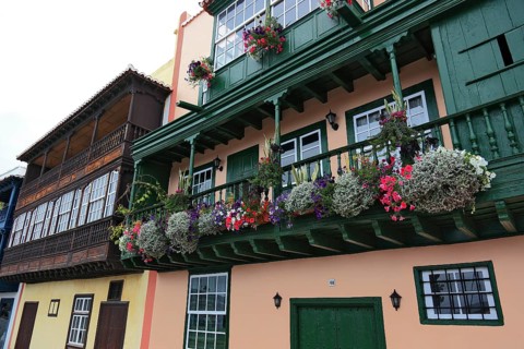 Typical balcony houses on the shore road in the town of Santa Cruz de la Palma