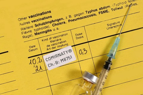 Germany, February 2020: Certificate of vaccination with Pfizerâ€“BioNTech COVID-19 vaccine Comirnaty with syringe and vial