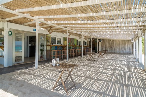 Empty terrace at beach bar Chiringuito Ponderosa Beach, Can Picafort