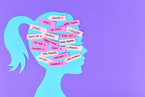 Concept for mental load with woman's head silhouette with multiple tasks on notes,