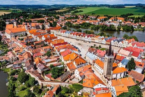 Aerial of the Unesco site historic center of Telc, Czech Republic