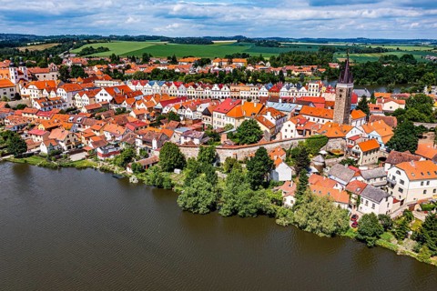 Aerial of the Unesco site historic center of Telc, Czech Republic