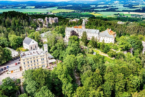 Aerial of Hruba Skala castle, Bohemian paradise