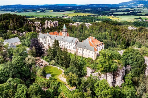 Aerial of Hruba Skala castle, Bohemian paradise