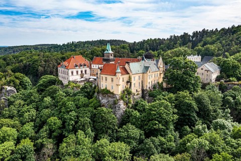 Aerial of Hruba Skala castle, Bohemian paradise