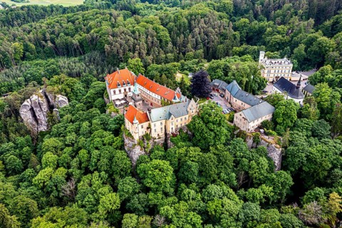 Aerial of Hruba Skala castle, Bohemian paradise