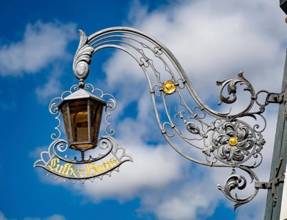 Lamp with nose sign at the Luther House in Eisenach. This is where the reformer Martin Luther lived with the Cotta family during his school years from 1498-1501, today museum