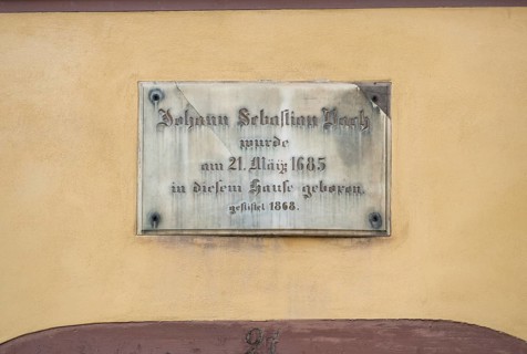 Sign above the entrance door at the Bach House, birthplace of Johann Sebastian Bach. The musician and composer was born here on 21. 03. 1685