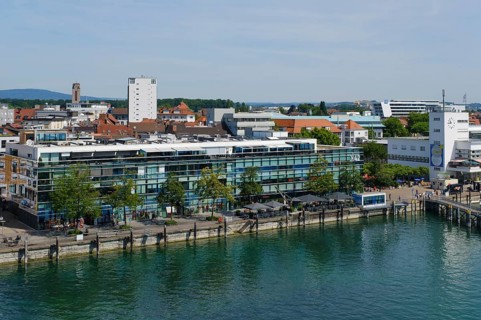 View of the city from the Moleturm with Medienhaus and Zeppelin Museum, Friedrichshafen