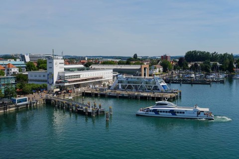 View of the Zeppelin Museum and the harbour from the Moleturm, Friedrichshafen