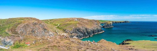 Panorama over Kynance Cove Mermaid Pool and Cliffs, Cornwall