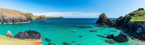 Panorama over Kynance Cove Mermaid Pool and Cliffs, Cornwall