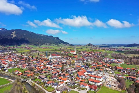 Aerial view of Pfronten in fine weather. Allgaeu, Alps
